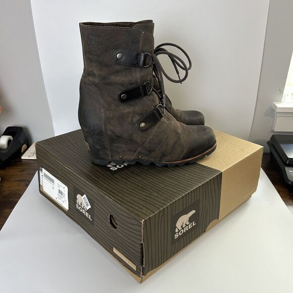 Sorel Womens Bootie Size 10 Dark Brown Joan Of Arctic Leather Wedge Boot Lace Up - Picture 11 of 12